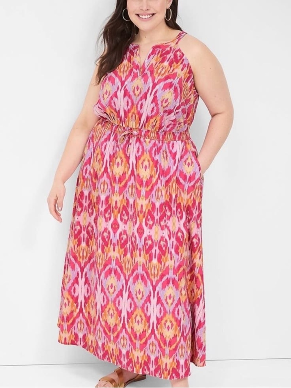 Lane Bryant Ikat Maxi Dress 16 Pink Orange Halter Keyhole Elastic Waist Pocket
